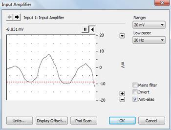 Figure 4. Input Amplifier Dialog Start recording. Have the volunteer breathe rapidly for five seconds and then breathe slowly. Examine the rate in Channel 2, and Autoscale.