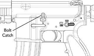Place the selector lever on SEMI-AUTOMATIC. Fig. 30 Inserting Magazine into the Rifle 6. Depress the upper portion (paddle) of the bolt catch.