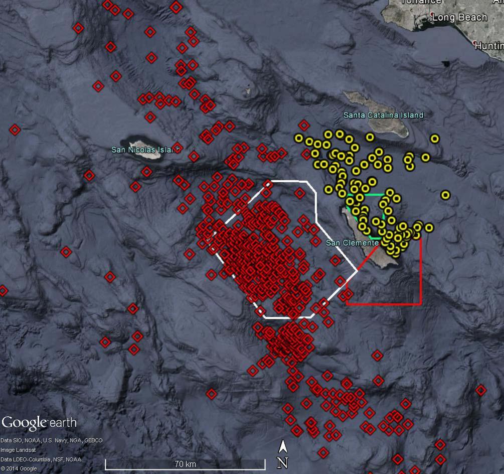 Figure 4. Daily positions of tagged Zc in the SCB, with animals tagged on SOAR denoted by red diamonds and animals tagged in the Catalina Basin by yellow circles.