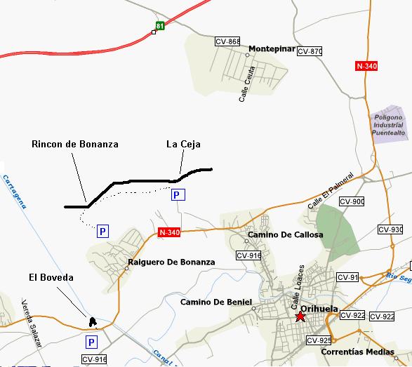 A series of climbing areas next to the town of (shown as Raiguero De Bonanza on the map below), close to Orihuela, 50km south of Alicante.