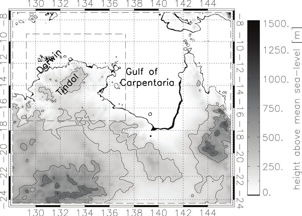 26 Australian Meteorological and Oceanographic Journal 60:1 March 2010 Fig. 1 Left panel: terrain elevation in the large MM5 domain. The dashed box indicates the position of the high-resolution nest.