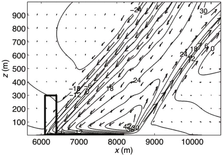 KATABATIC FLOW INDUCED BY CROSS-SLOPE BAND OF SURFACE COOLING 937 Fig. 6. Vertical cross-section of streamlines and velocity vectors in Case (20, 2048, 0.03).
