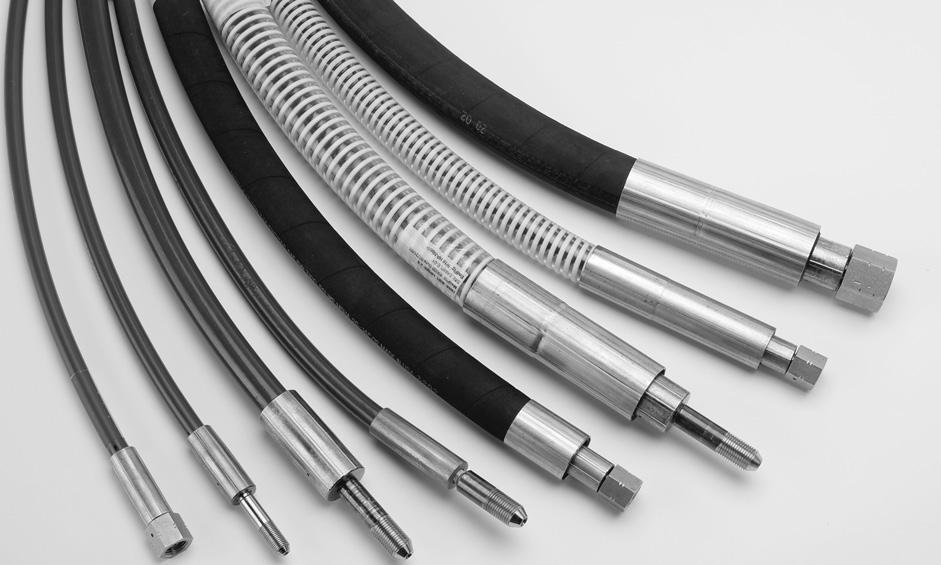 All hoses and flex lances are constructed of a plastic core reinforced with high tensile steel wire and enclosed in a durable, flexible thermoplastic jacket.
