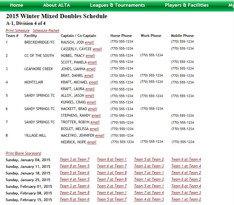SEASON SCHEDULE An example of the season schedule is shown.