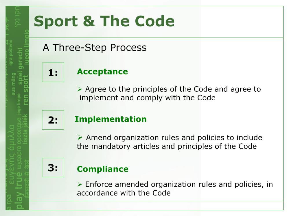 SPORTS & THE CODE: A THREE-STEP PROCESS A brief word about: Code Acceptance, Implementation, and Compliance Once a sports organization accepts the World Anti-Doping Code, it then needs to implement