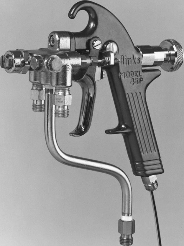 The 43P, and its companion the 43PA (automatic), uses the opposed internal orifices principle with no moving parts (patented). Spray patterns are by nozzle selection.