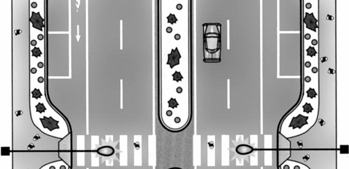 Figure 12-6. Illustration. Midblock crossing curb extensions provide better visibility for motorists and pedestrians. 12.7 Midblock Crossing Design The design of midblock crossings makes use of warrants similar to those used for standard intersections.