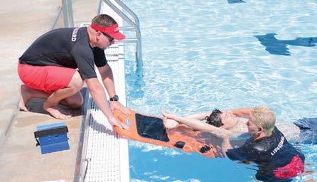 Use the overarm head splint technique to maintain in-line stabilization before reaching the side of the pool.