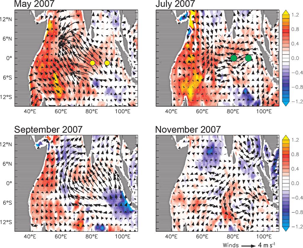 Iskandar et al. 850 (c) (d) Fig. 2. SST (shaded) and surface wind (vectors) anomalies averaged during May, July, (c) September, and (d) November 2007.