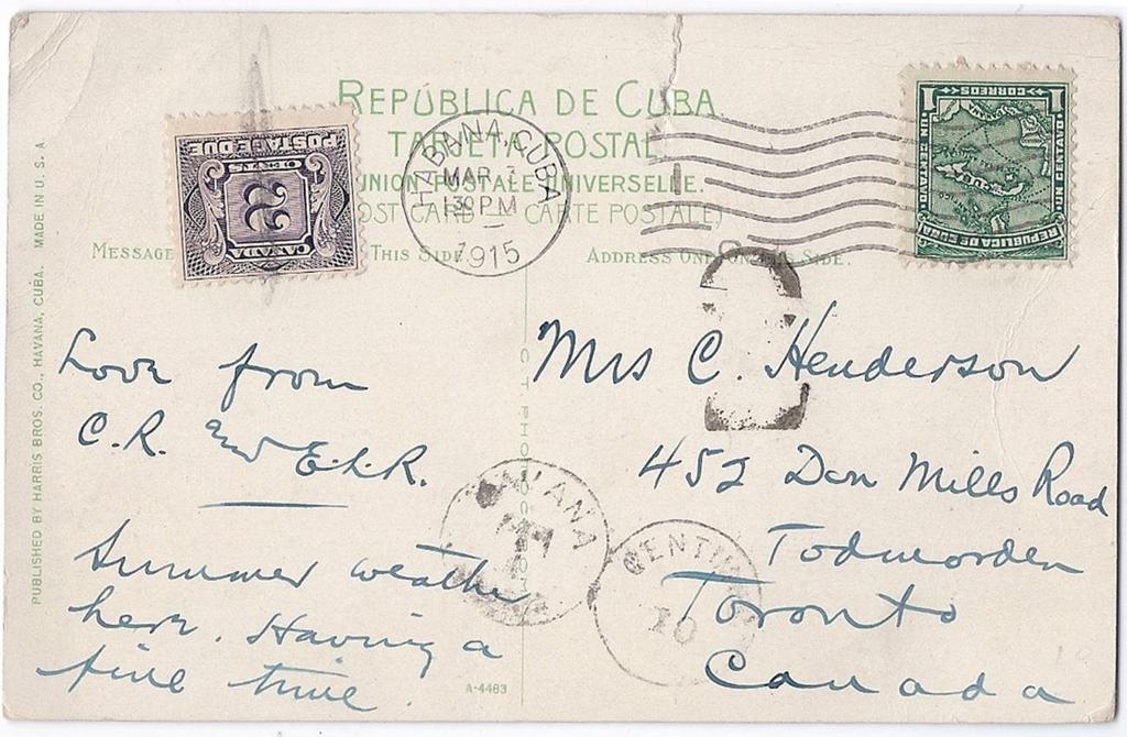 $25.00 SOLD Item 249-37 Cuba postcard to Toronto 1915, 1 Correos tied by Habana
