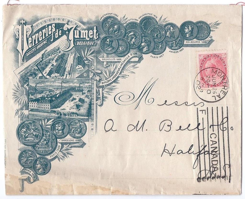 00 Item 249-07 Studio glass 1902, 2 Numeral tied by Montreal M5 machine on Verreries de Jumet advertising cover to