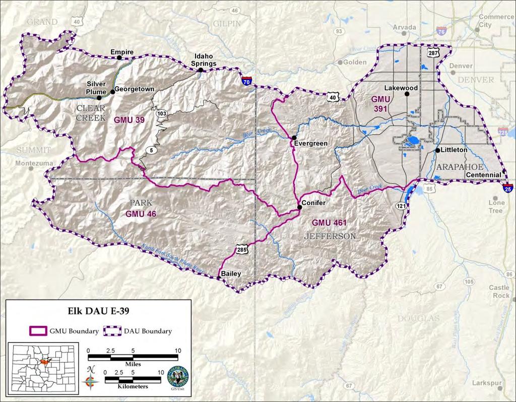 Figure 2: Geographic location of the Mount Evans elk herd, Data Analysis Unit (DAU) E-39, composed of Game Management Units (GMU) 39, 391, 46, and 461.