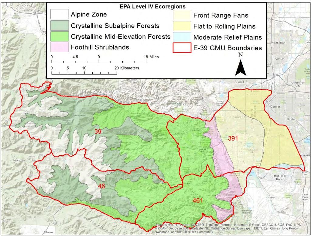 Figure 6: Environmental Protection Agency (EPA) level IV ecoregion designation within DAU E-39. E-39 is composed of Game Management Units (GMU) 39, 391, 46, and 461. Data compiled from Chapman et al.