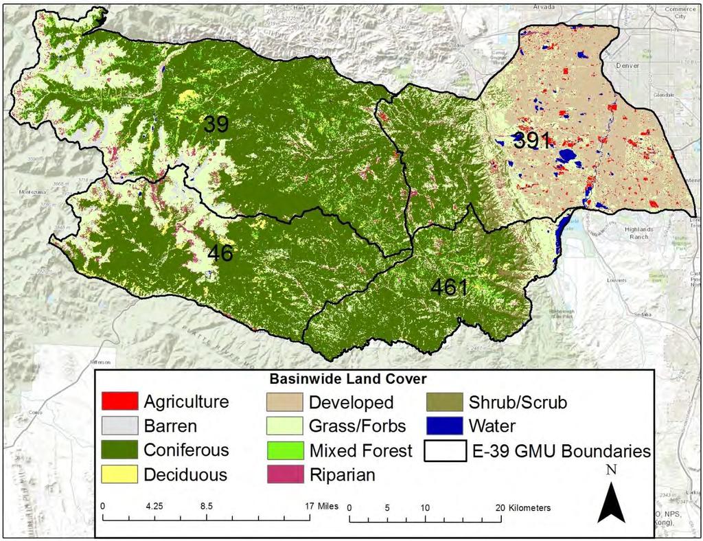 forest stands. Residential and commercial development also becomes more prevalent. Gambel oak, grass and grass/forb meadows, ponderosa pine/shrub, and mixed shrublands are common (in that order).