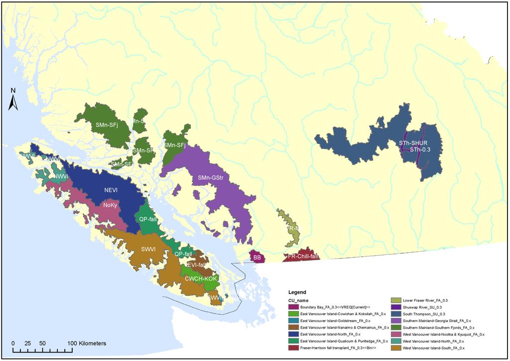 Figure B-2. Southern BC Chinook salmon Conservation Units ocean-type. CUs based on definitions as of May 17, 2013. Source: Gayle Brown, DFO.