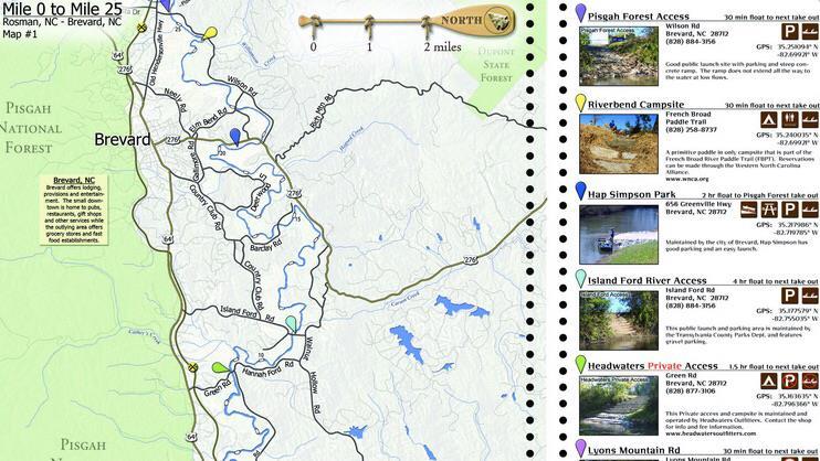 FRENCH BROAD RIVER MAP INTERPRETATION SECTIONED INTO 8 MAPS INCLUDES: CANOE/BOAT LAUNCH, PUBLIC RESTROOM, RIVER ACCESS PARKING, CAMPING, PICNIC AREA, SHUTTLE