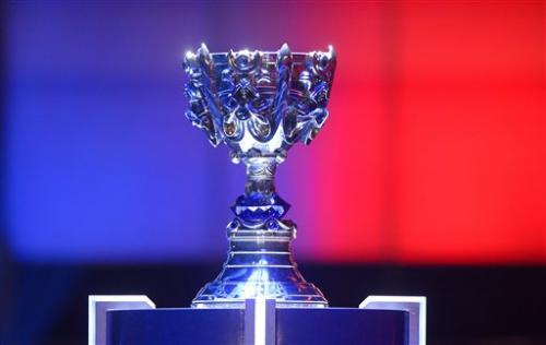 Terrill) The winners' trophy sits on a pedestal at the League of Legends Season 3 World Championship Final between South