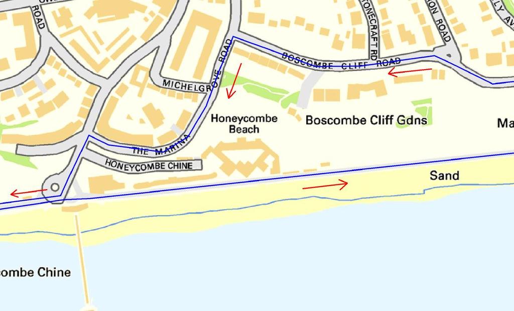 At the top of the slope, turn left onto Southbourne Overcliff Drive and continue towards Boscombe turning left again onto Boscombe Cliff Road.