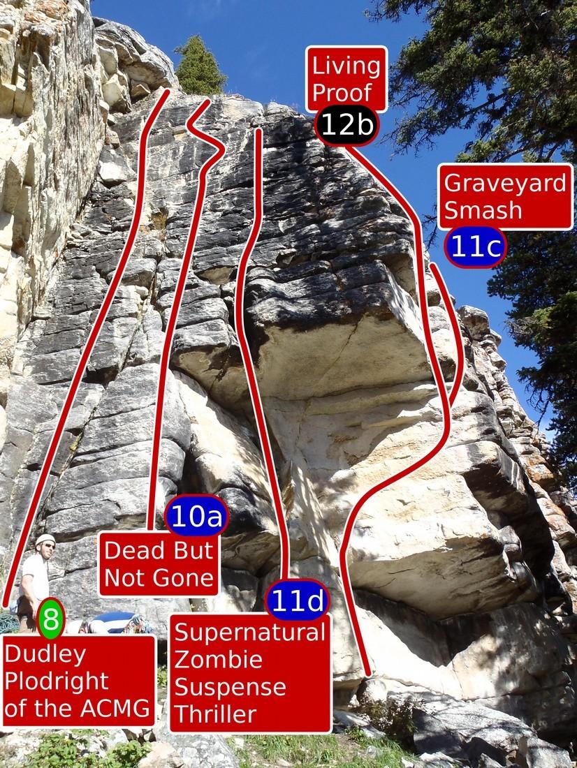 Zombie Dihedral - Right Dudley Plodright of the ACMG 8 D. Thomson A nice face climb. Dead But Not Gone 10a D.