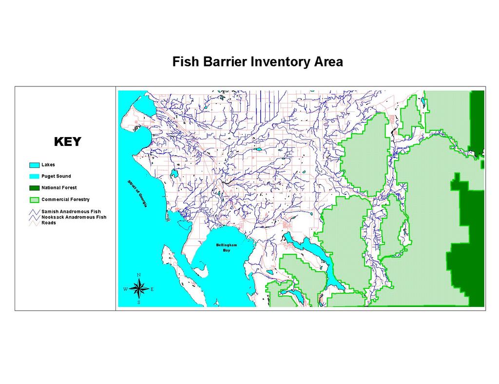 Exhibit 2. The Whatcom County Fish Barrier Inventory includes the streams that are accessible to sea-run fish within the area shown in white.