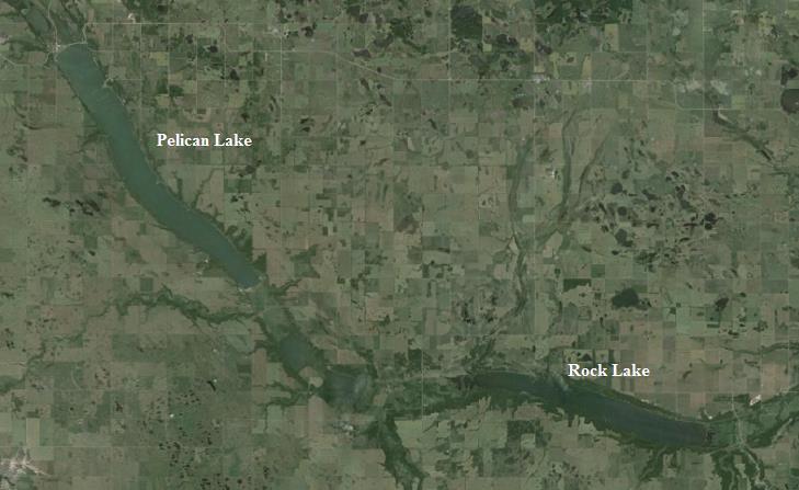 0 km in length and 1.6 km wide with a total surface area of 27.7 km 2. It travels south from Ninette to Pleasant Valley. Approximately 9.5 km downstream of Pelican Lake, Rock Lake is approximately 13.