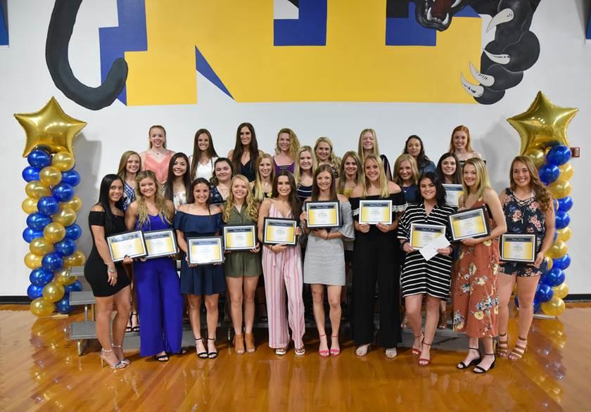 Pantherette award winners recognized at the annual sports banquet, beginning front row left, are Desiree Fendley, Emma Stewart, Jaycie Proctor, Avery Gurley, Danielle Risinger, Reagan Richardson,