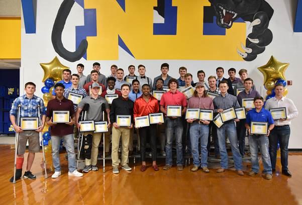 Panther award winners recognized by their coaches, beginning front row left, are Zack Figueroa, Dee Wilson, Hunter Moore, Jeremiah Guenther, TK Hill, Zeke Wood, Travis Coston, Austin Exum, and