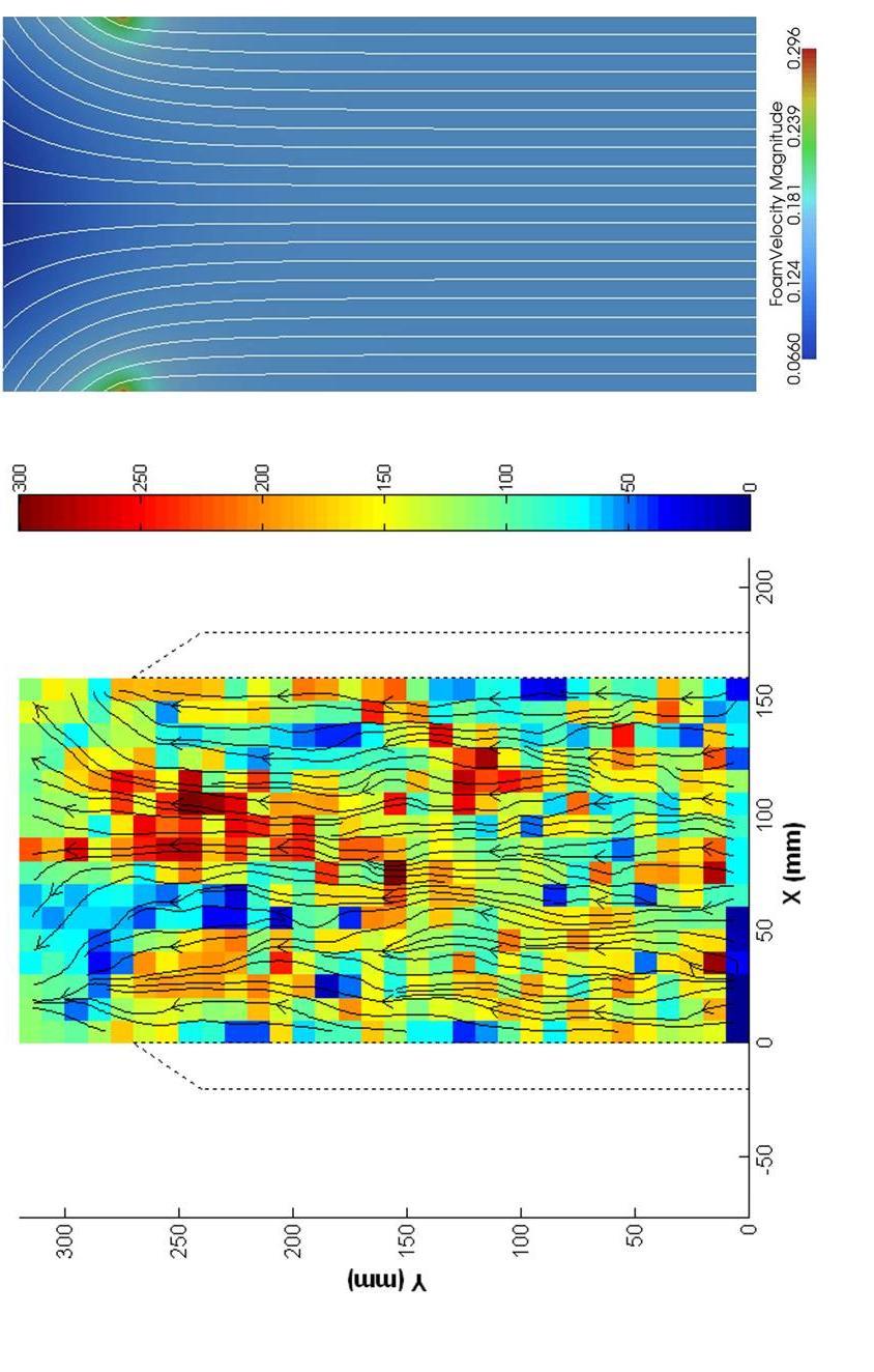 Figure 4-9: Plot showing the experimental flow streamlines and average speed distribution in mm/s (left), and plot showing the simulated flow streamlines and foam velocity