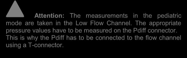 The appropriate pressure values have to be measured on the Pdiff connector. This is why the Pdiff has to be connected to the flow channel using a T-connector.