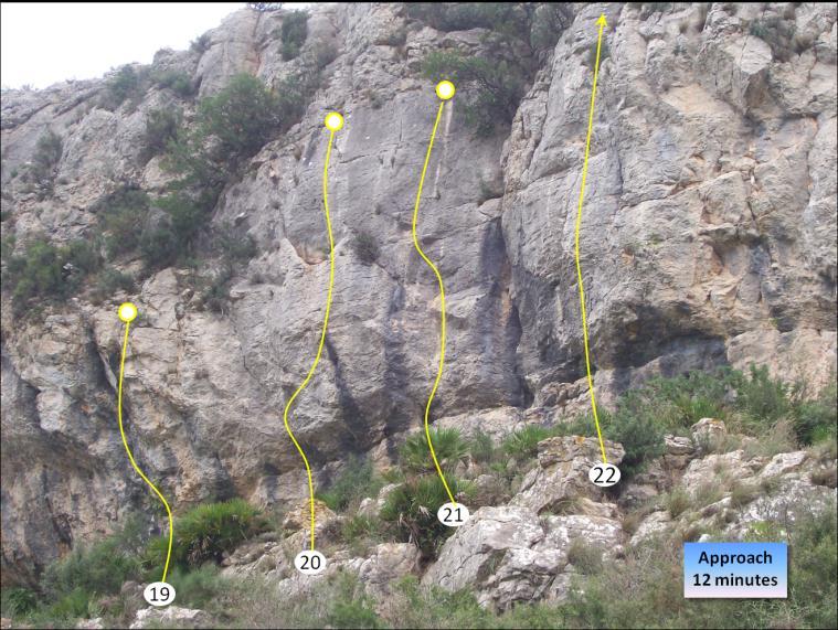The routes look much easier, but in typical fashion they are still steep and pumpy. 20. Tendonator 15m. Start at a shallow corner.