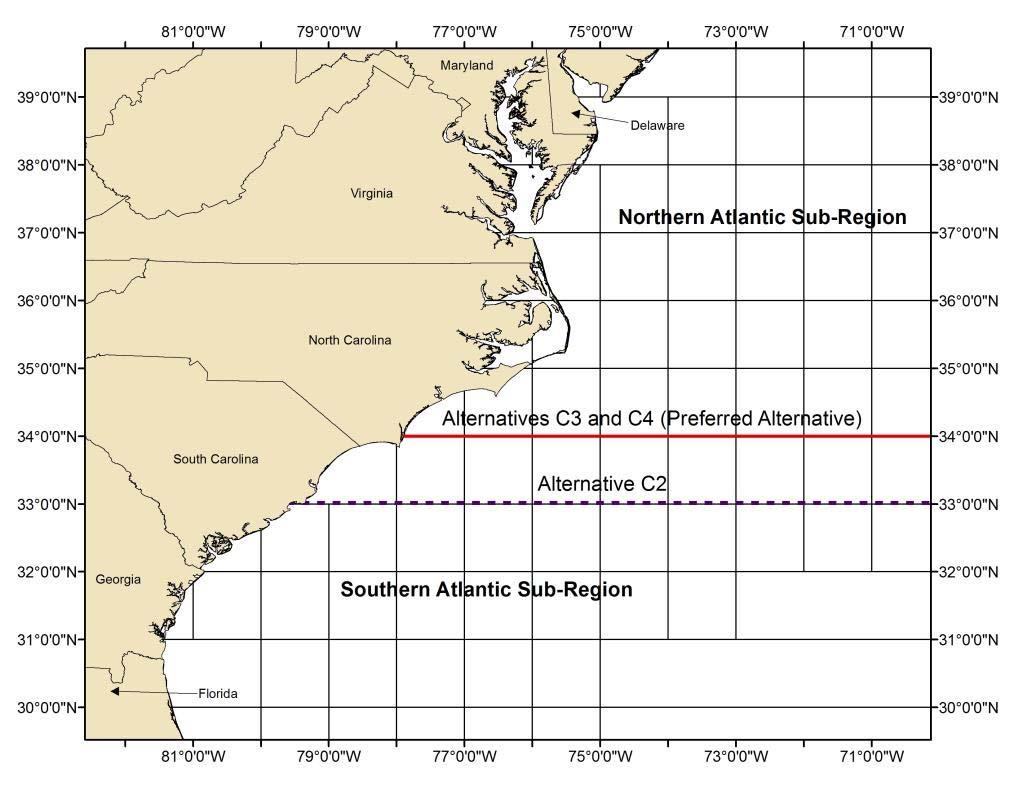 Alternative C - Atlantic Sub-Regions Apportion the Atlantic commercial quotas for LCS and SCS along 33 00 N. Lat.