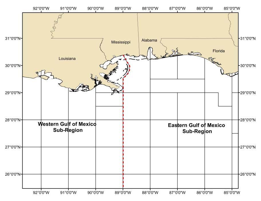 Alternative D - GOM Sub-Regions Apportion the Gulf of Mexico commercial quotas for aggregated LCS, blacktip, and hammerhead sharks along 88 00 W Long. or 89 00 W Long.