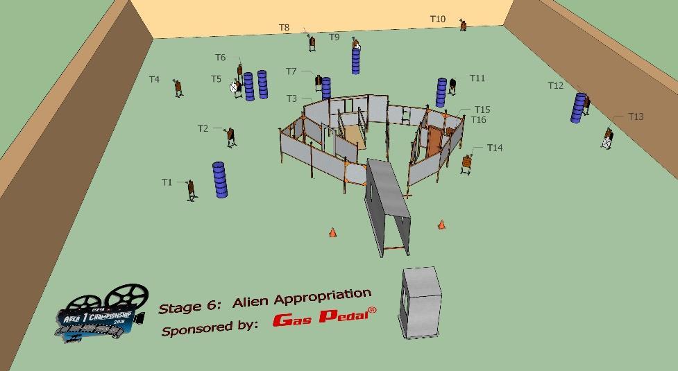 Stage 6 Alien Appropriation Stage Designer: Scoring Method: Targets: Scored Hits: Rounds/Points: Start/Stop: Jeff Turek & Joel Peters Comstock 16 Metric Best 2/paper 32 rounds / 160 points Audible /