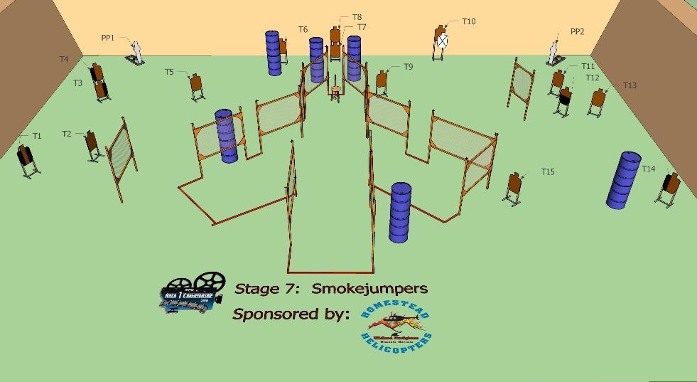 Stage 7 Smokejumpers Stage Designer: Scoring Method: Targets: Scored Hits: Rounds/Points: Start/Stop: Carol Fowler Comstock 15 Metric, 2 Poppers Best 2/paper, steel down = 1A 32 rounds / 160 points