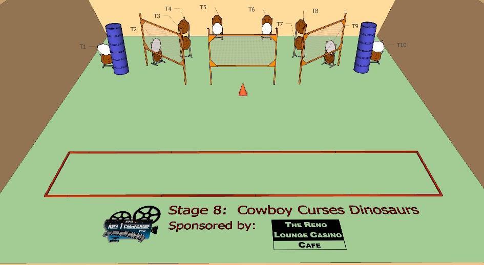 Stage 8 Cowboy Curses Dinosaurs Stage Designer: Scoring Method: Targets: Scored Hits: Rounds/Points: Start/Stop: Jeff Turek Comstock 10 Classic Best 2/paper 20 rounds / 100 points Audible / Last Shot