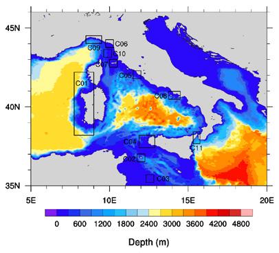 Fig. 2 Bathymetry of the Mediterranean model in the area around Italy with indicated the areas of the highest resolution models Fig.