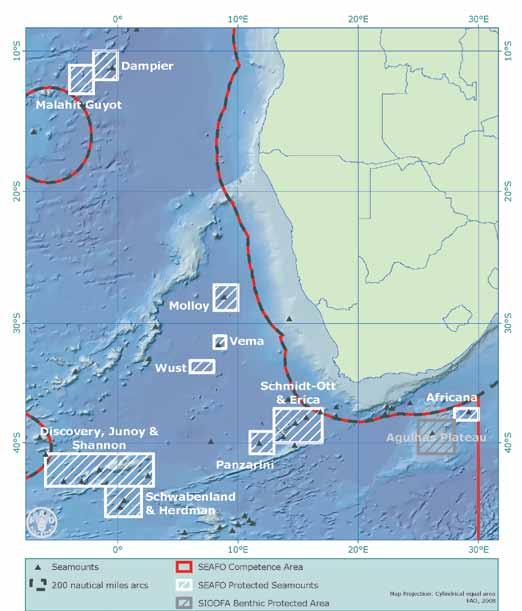 56 Worldwide review of bottom fisheries in the high seas Map 2 SEAFO Marine Protected Areas SEAFO agreed in 2006 to close these ten areas temporarily until 2010, through the adoption of Conservation