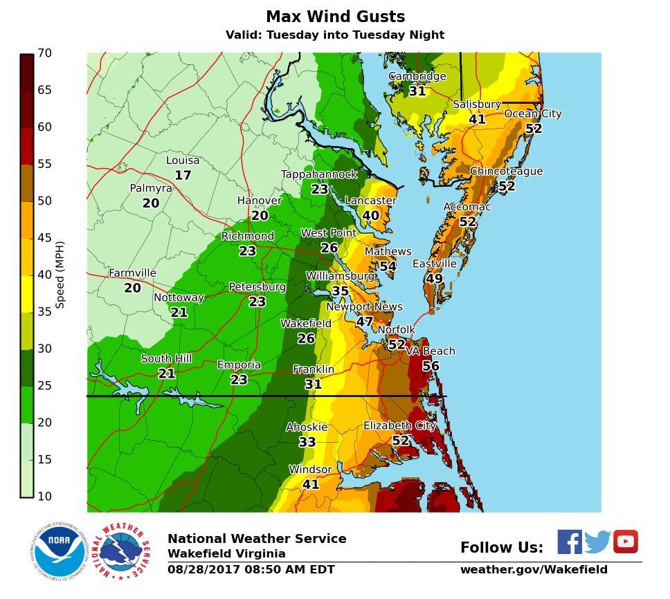 High Wind Potential NE winds of 30 to 35 mph with gusts of 50 to 60 mph are expected across much of Coastal VA/Lower MD Eastern Shore and