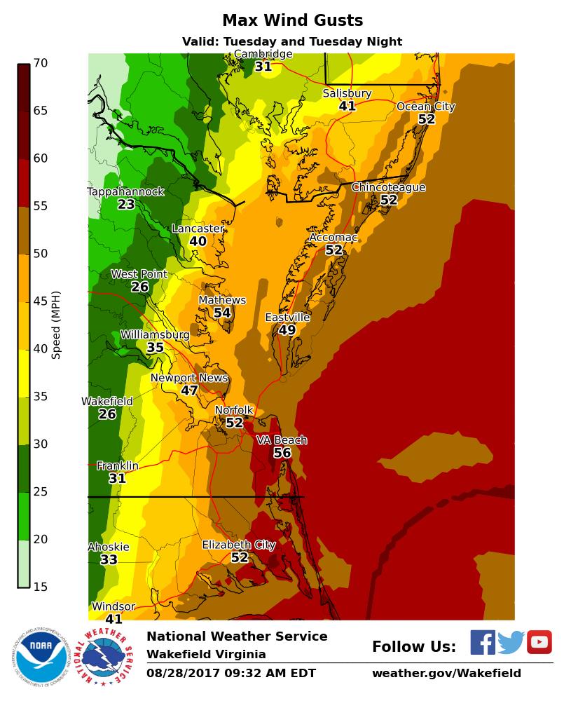 The strongest winds will likely be over the coastal waters and lower Chesapeake Bay where storm