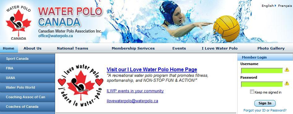 Login and Personal Information Log into the Water Polo Canada database, with the username and password received in the email notification, through www.waterpolo.