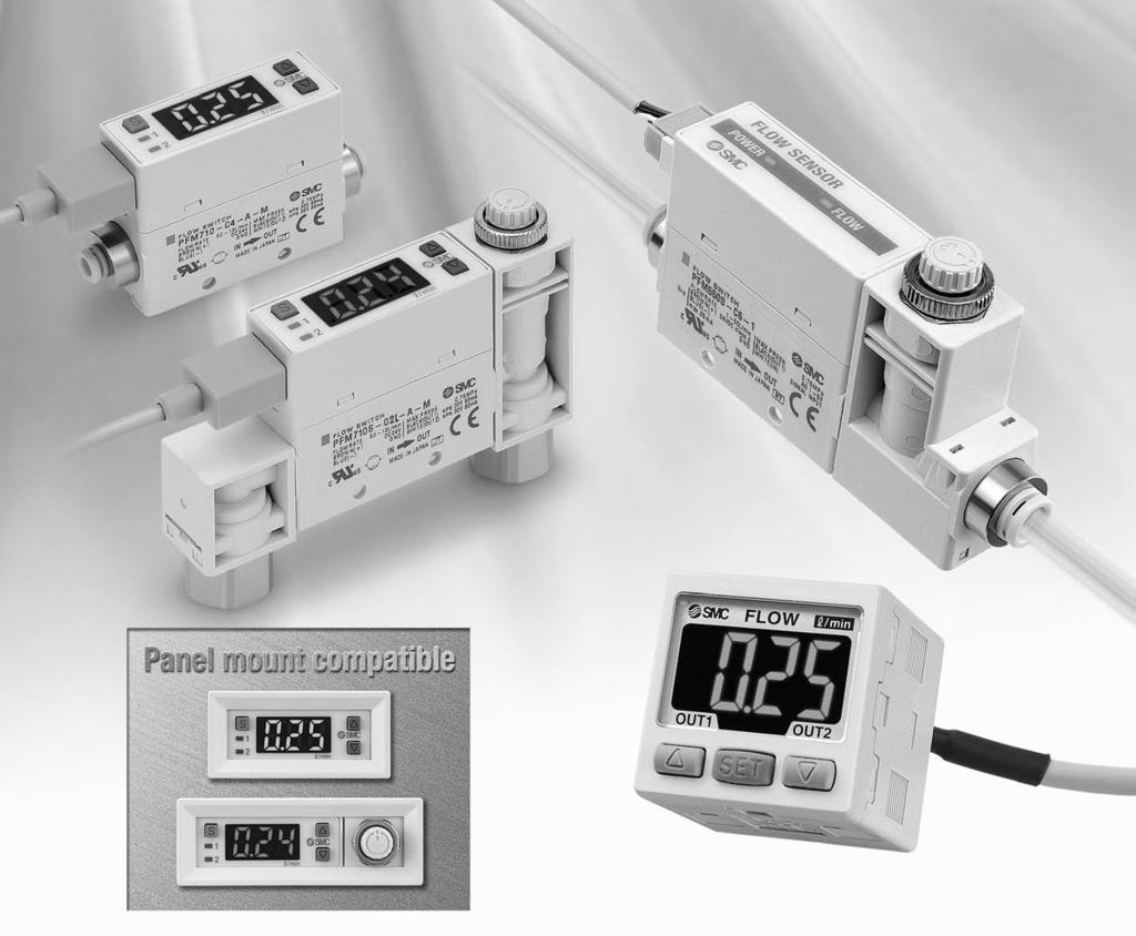 2-Color Display Digital Flow Switch Series Flow rate range:, 25, 5, L/min. Minimum unit setting:. L/min. (. L/min when the flow rate range is 25, 5, L/min.) Fluid Repeatability: ±%F.S. ir, N2, r, CO2 Grease-free Flow adjustment valve is integrated.