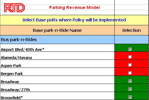 Figure 3 Select Base park-n-rides tab 4. The Select FasTracks park-n-rides tab contains a list of all FasTracks park-n-rides in the system and a Selection check box next to each parkn-ride.