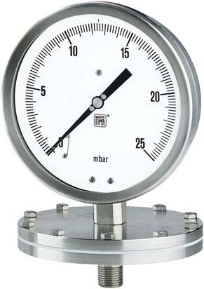 MN12/18 diaphragm pressure gauge DS, 6 (100-150mm) threaded connection The sensing element is an elastic diaphragm, with concentric corrugations that drives the amplifying movement through a