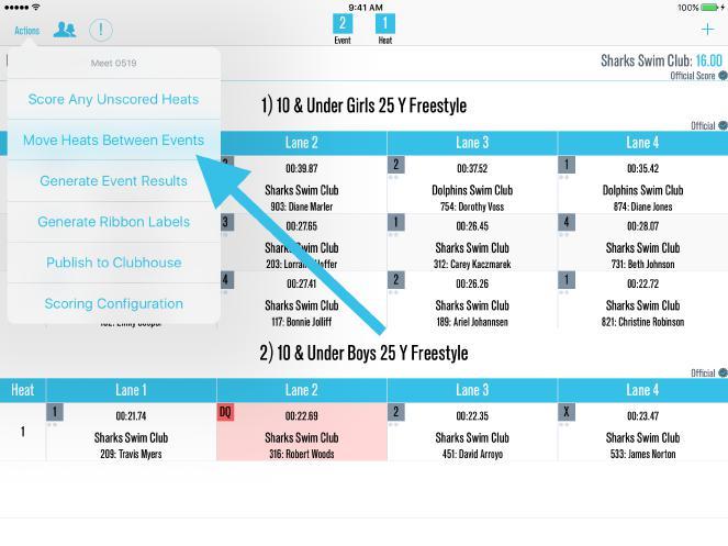 *Expanded View Tap on the swimmer Tap Scoring Manually enter new points Tap Done Top right MOVE HEATS BETWEEN EVENTS In case the Starter forgets to go to the next event, no problem!