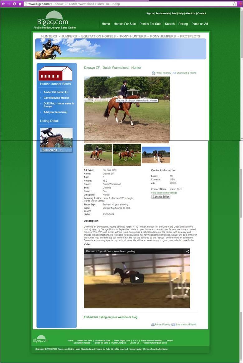 APPENDIXES Appendx A Bgeq.com example advertsement Usng ths advertsement, data was compled n an excel workbook as follows: Horse Name: Deuwe ZF Age: 6 Heght: 16.2 Prce: 20-39.