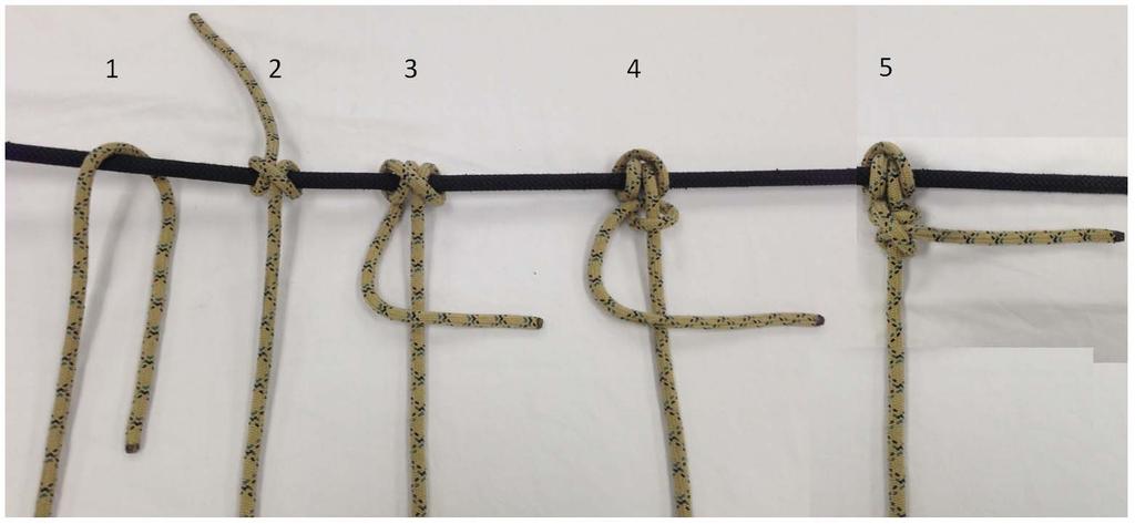 CLOVE HITCH (End of the Rope): (Class 2, Anchor Knot): Purpose: To anchor the end of the rope under tension. Step 1: Make a turn around the anchor point, right to left.
