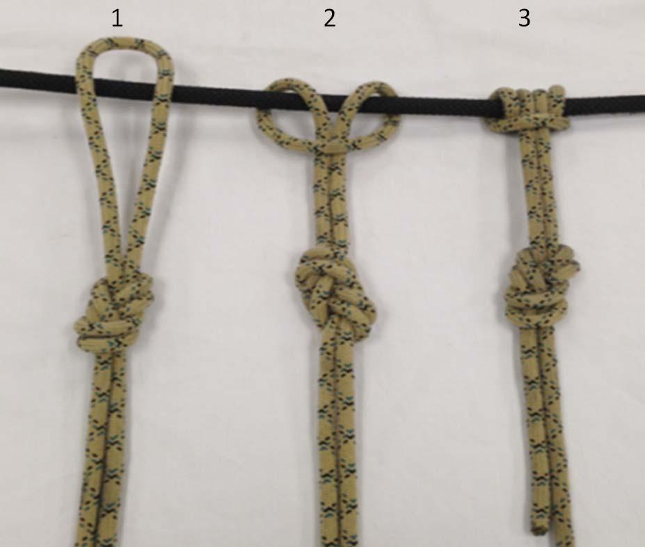 MIDDLE OF THE ROPE PRUSIK: (Class 3, Middle of the Rope Knot): Purpose: To attach a movable rope to a fixed rope. Step 1: Tie a Double Figure of Eight in the rope, making a 10-12 loop.
