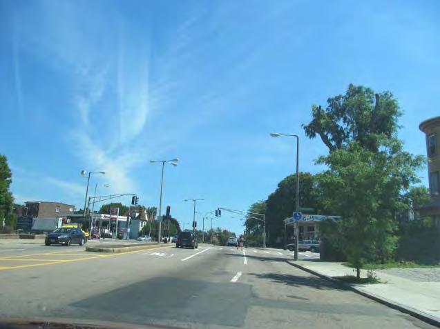 Dorchester Avenue, the approach and departure lanes are staggered by one lane width. As a result the exclusive left turn lanes align with a through departure lane.