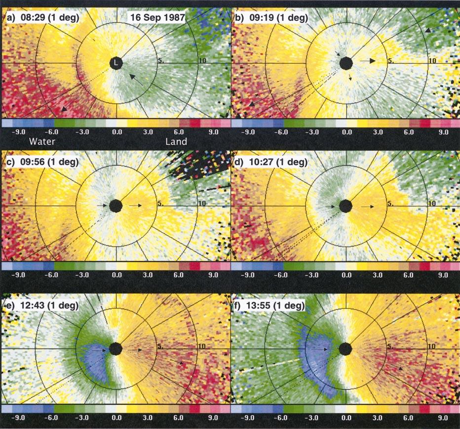 DECEMBER 2002 DARBY ET AL. 2817 FIG. 2. Doppler lidar constant-elevation-angle radial velocity scans showing the evolution of flow near the shore on 16 Sep 1987.