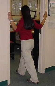 Doorway Pec Stretch Stand in a doorway, with you hands in the doorframe and your feet in a lunge position.
